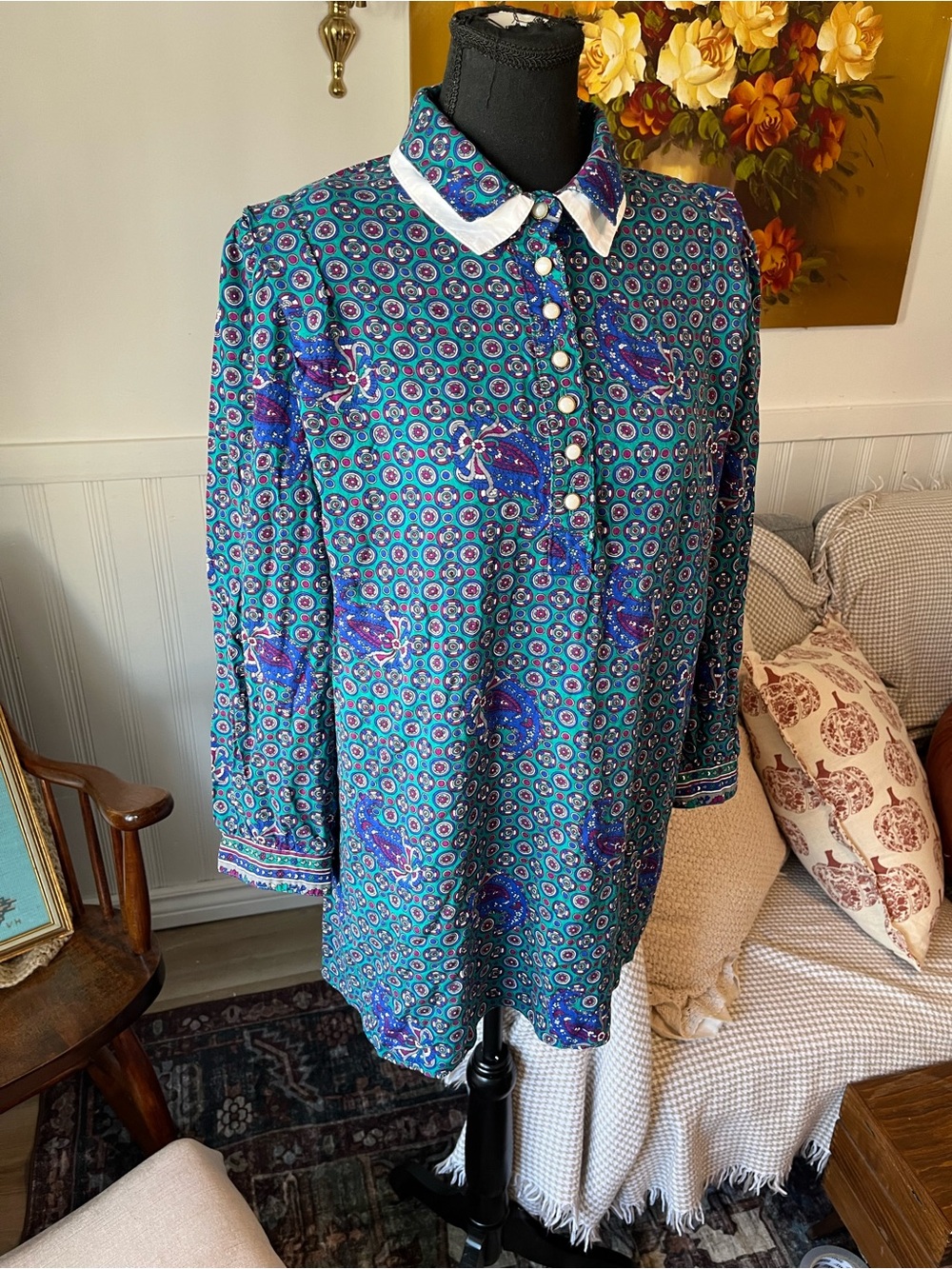 Shirley K. Vintage Teal Paisley Print 3/4 Button-Up Blouse Shirt - Size 1X